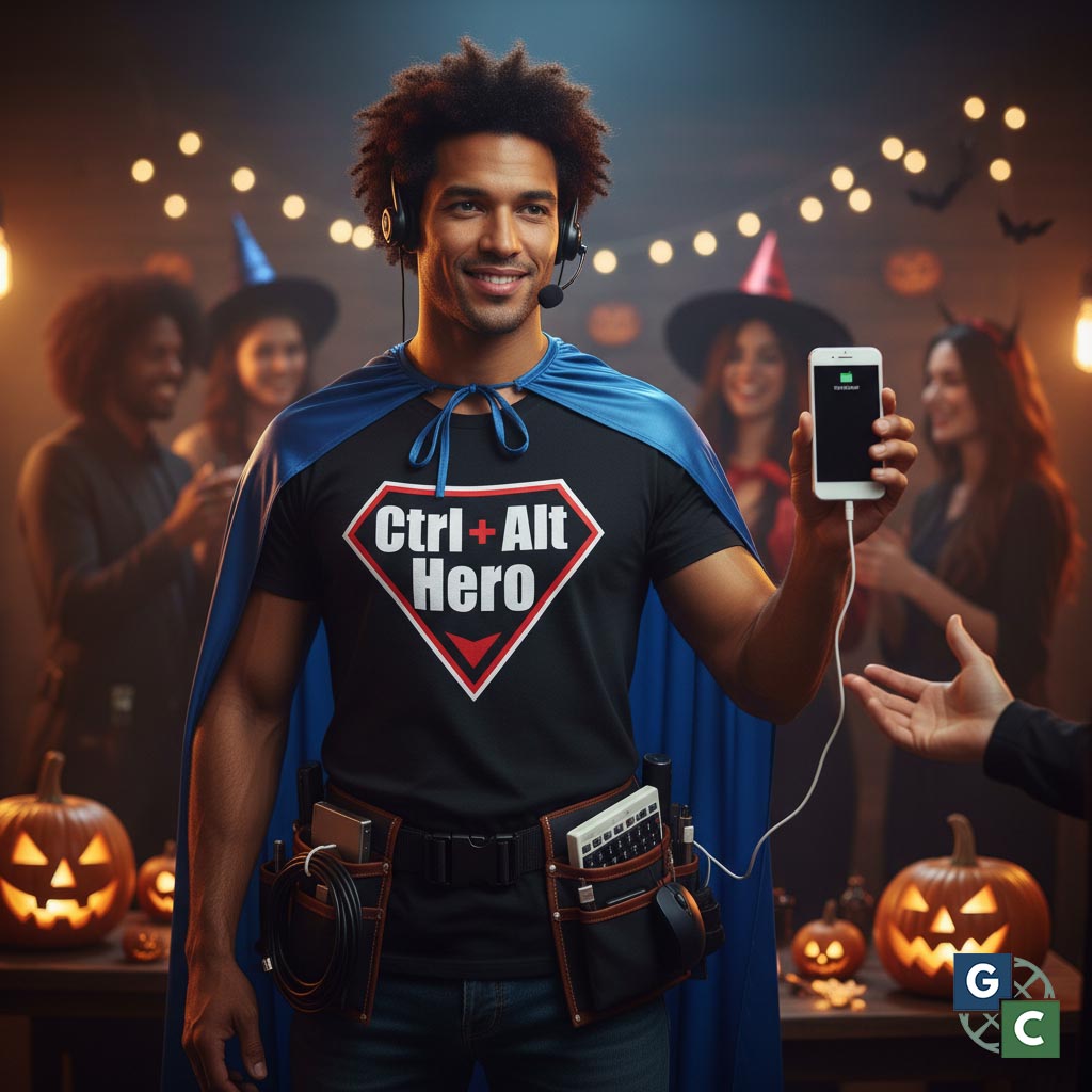 IT Support Superhero costume - GC Network Solutions IT support superhero halloween costume