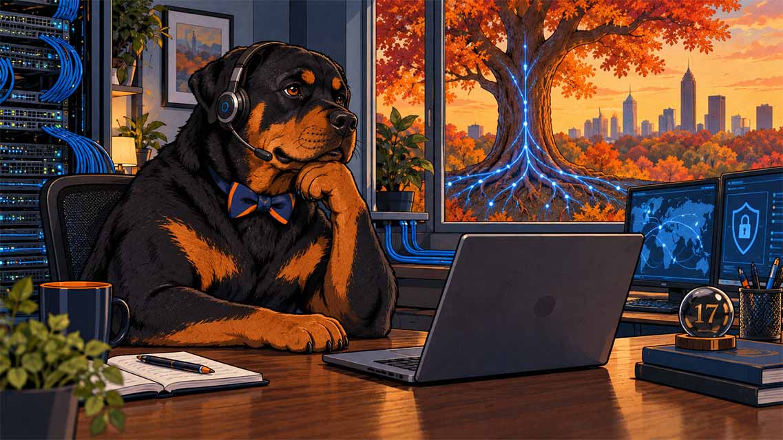 17 years GC Network Solutions IT Lessons | GC Network Solutions Dog wearing a headset and bow tie sits at a desk with a laptop in a server-filled office, autumn trees visible outside the window.