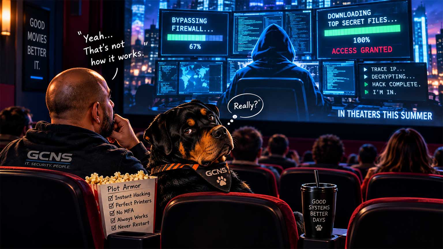 IT People Watching Hollywood Hacking Scenes | GC Network Solutions IT professional and Rottweiler watching an unrealistic Hollywood hacking scene in a movie theater