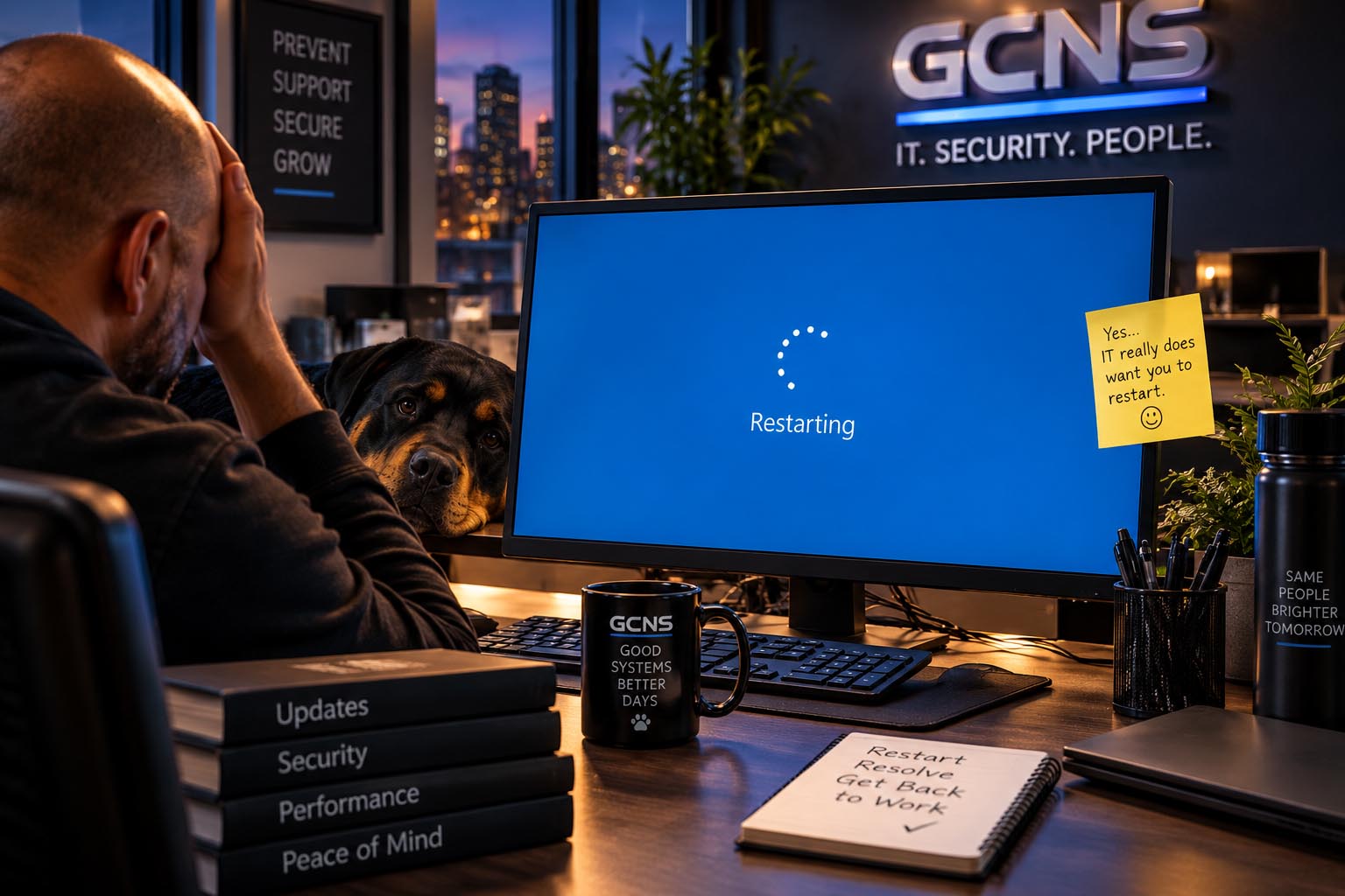 Why IT Asks You to Restart Your Computer | GC Network Solutions Business computer restarting during IT troubleshooting