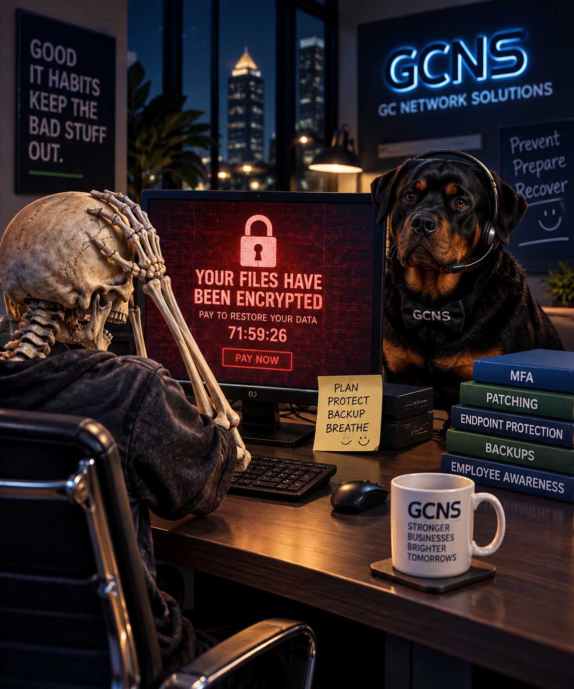Ransomware Prevention and Recovery for Small Businesses | GC Network Solutions Skeleton reacting to a ransomware attack while GCNS cybersecurity protections and backups represent a prepared recovery strategy