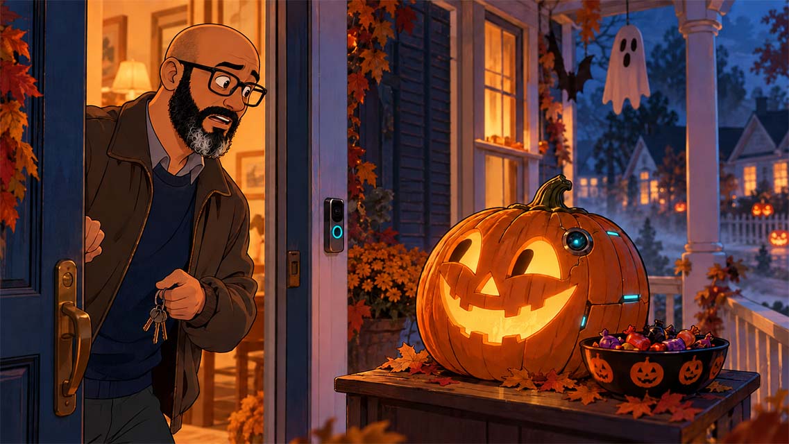 Halloween 2030 The Smart Pumpkin Knows You | GC Network Solutions Bald man with glasses looks uneasily at a glowing smart pumpkin with a blue camera lens beside a candy bowl on a Halloween porch.